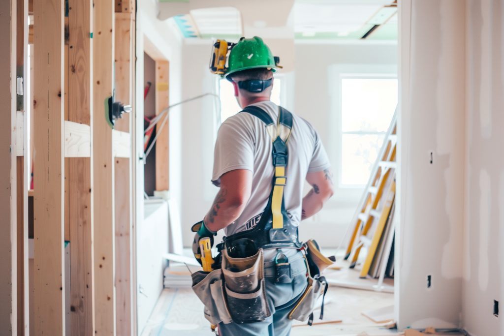 A skilled contractor wearing a green hard hat and protective gloves performing interior renovation inside the building.