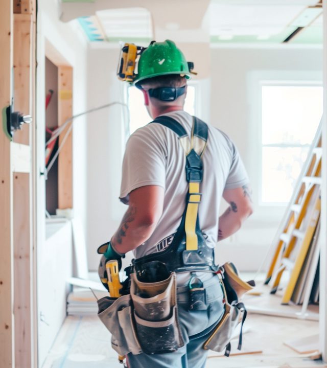 A skilled contractor wearing a green hard hat and protective gloves performing interior renovation inside the building.